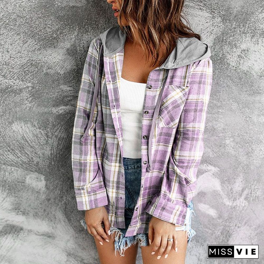 Oversizd Fit Button Up Hoodies Casual Multi Colored Hooded Flannel Shirt