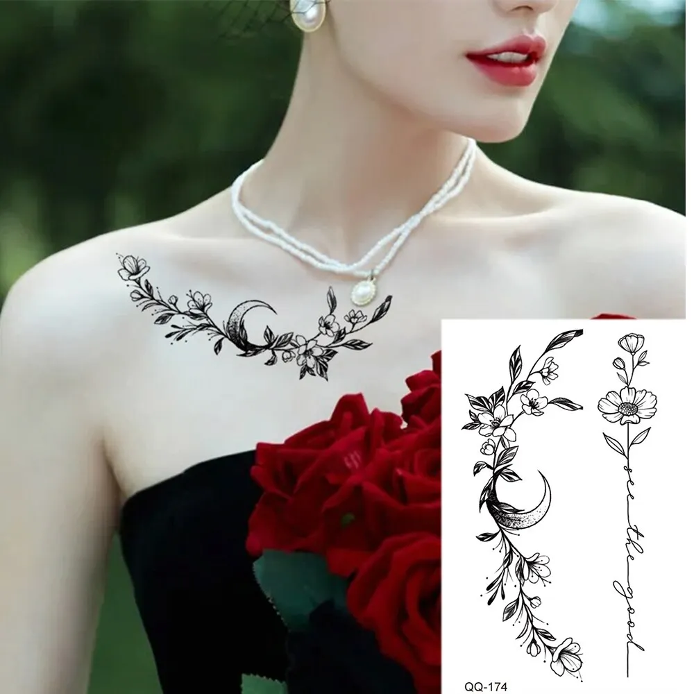Sdrawing Temporary Tattoo Stickers Butterfly Snake Rose Flower Gun Dark Flash Small Women Body Art Wrist Neck Fake Tattoos Men
