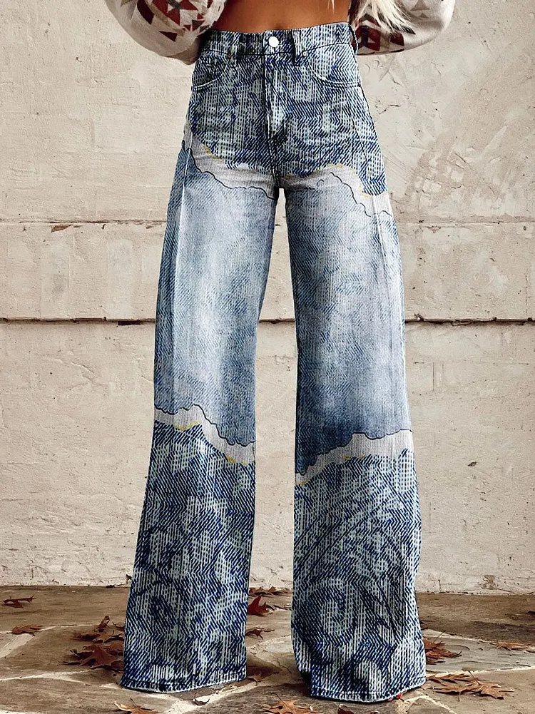Women's Vintage Texture Print Casual Wide Leg Pants