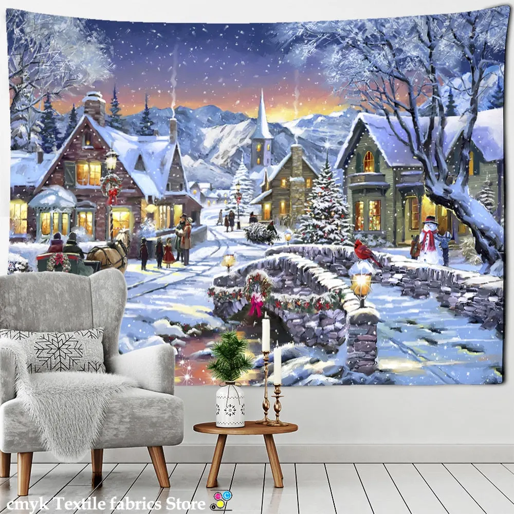 Christmas Tree Snowman Tapestry Wall Hanging Natural Snow Scene Cartoon Oil Painting Aesthetics Room Hippie Home Decor