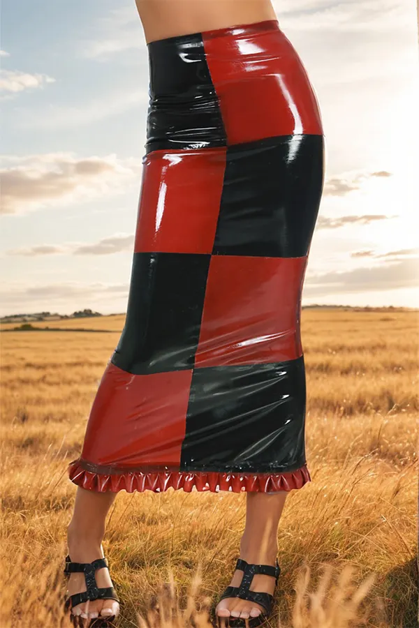 Women Checkered Chic Latex Skirt Red Black