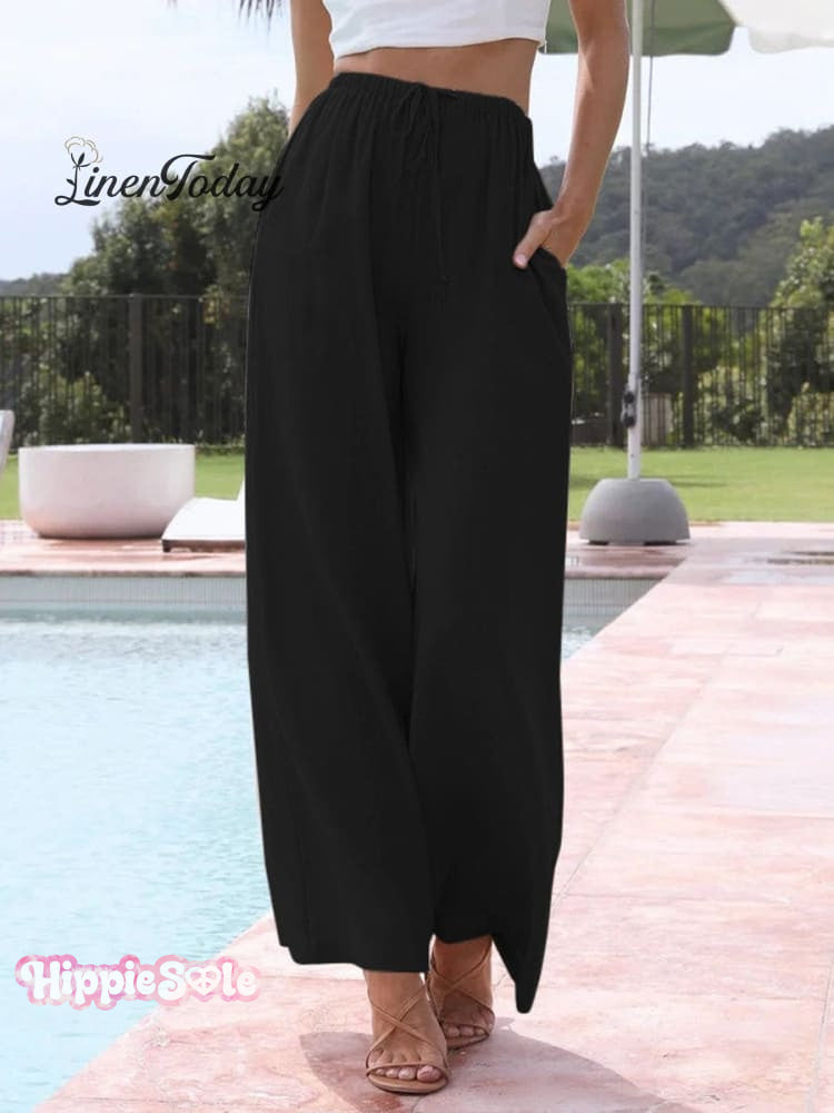 Women&rsquo;s Solid Color Loose Elegant Casual Simple Cotton And Linen Pants Black / S