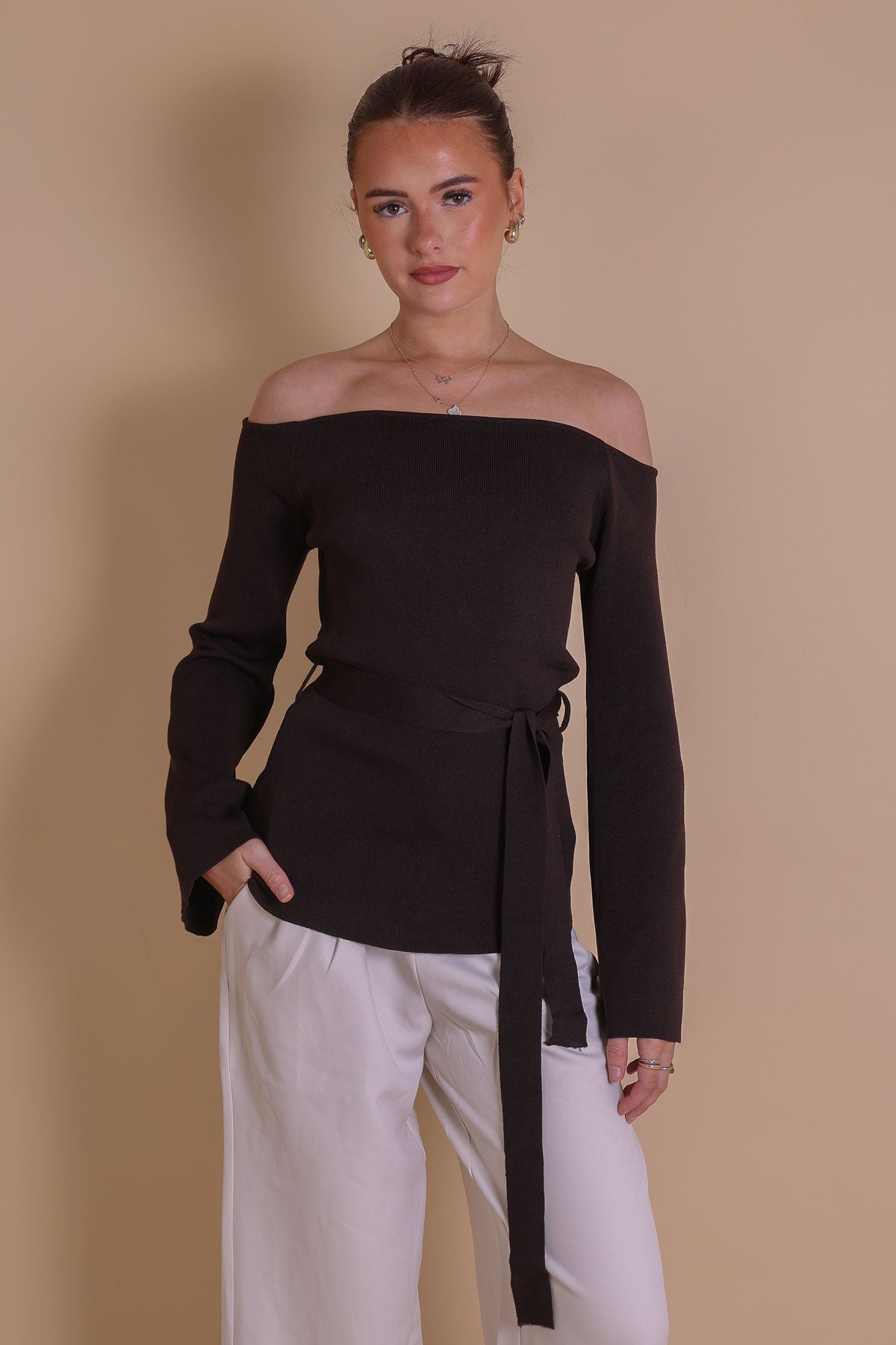 Brown Bell Sleeve Off-the-Shoulder Knit Jumper Top