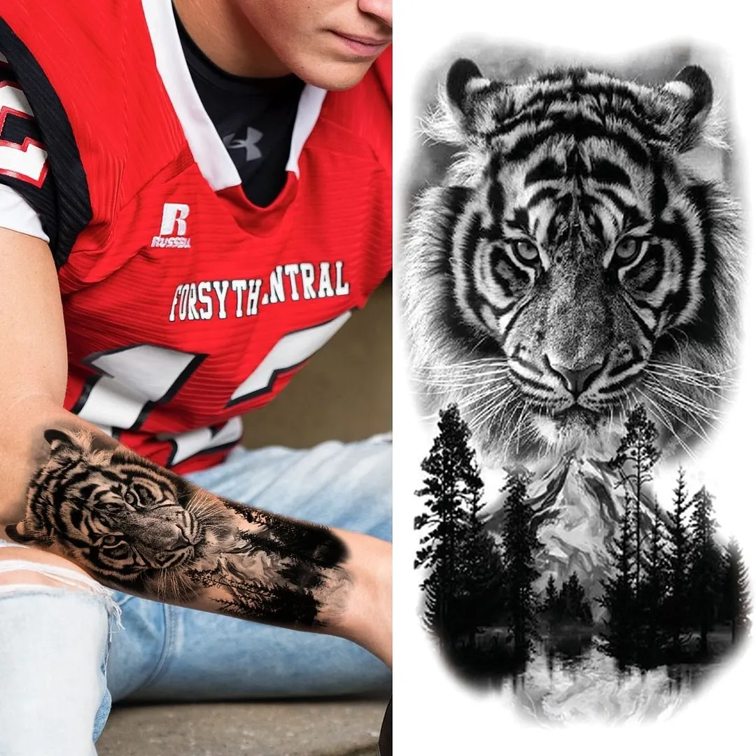Forest Tiger Temporary Tattoos For Men Women Kids Lion Skull Cross Tattoo Sticker Black Compass Skeleton Tatoos Leg Thigh 1108
