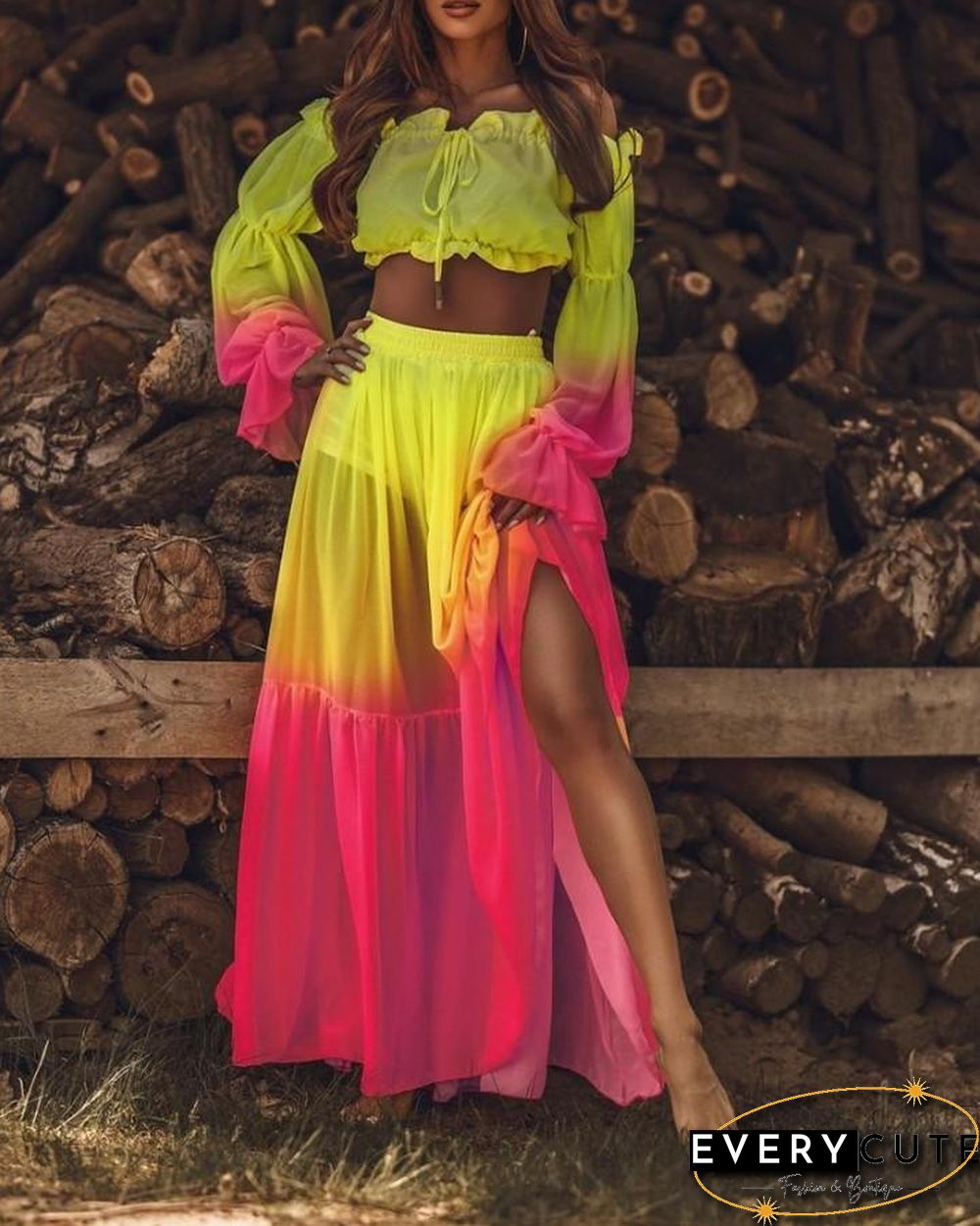 Tie Dye Long Sleeve Blouse With Loose Midi Skirts Suit Sets P15917
