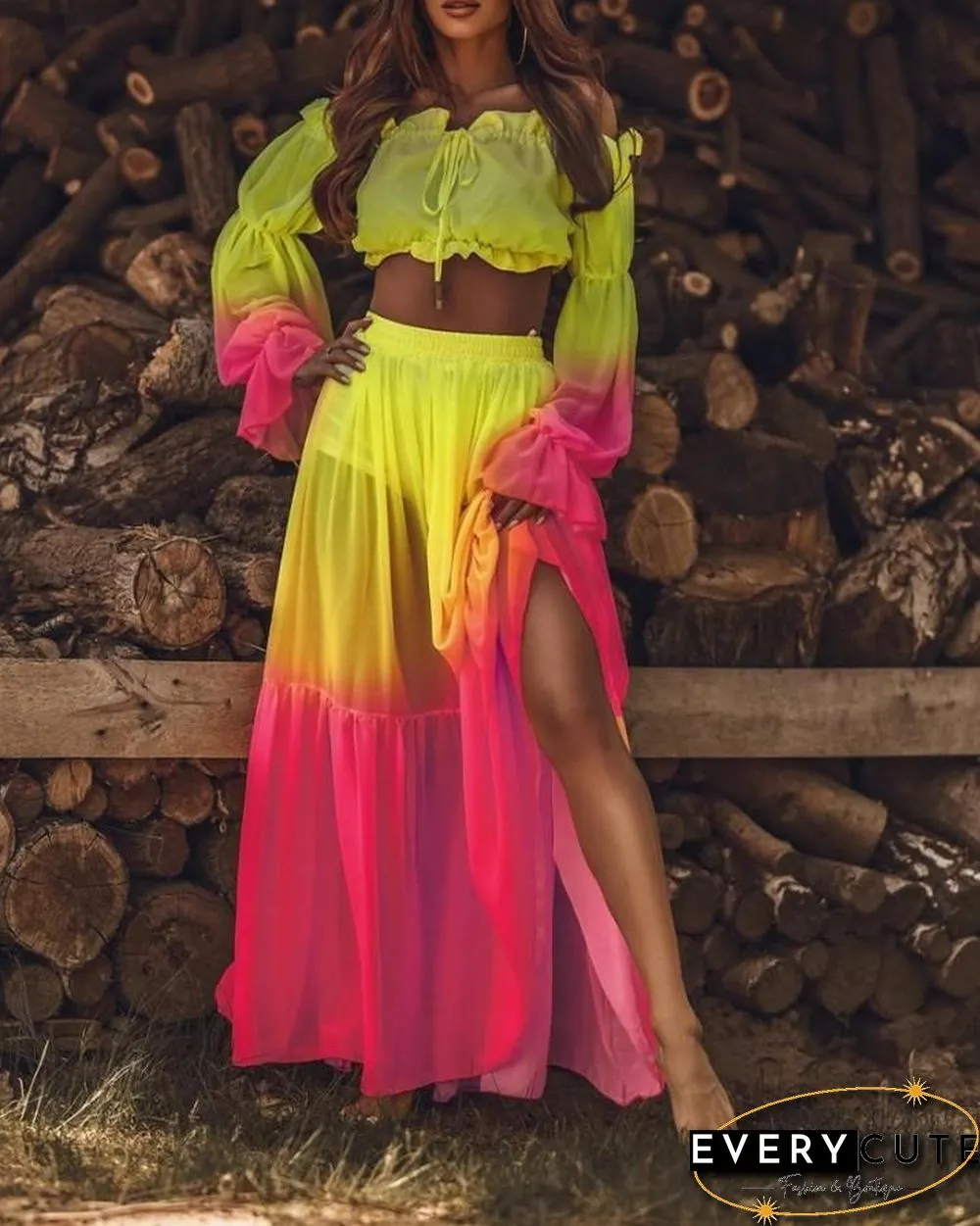 Tie Dye Long Sleeve Blouse With Loose Midi Skirts Suit Sets P15917