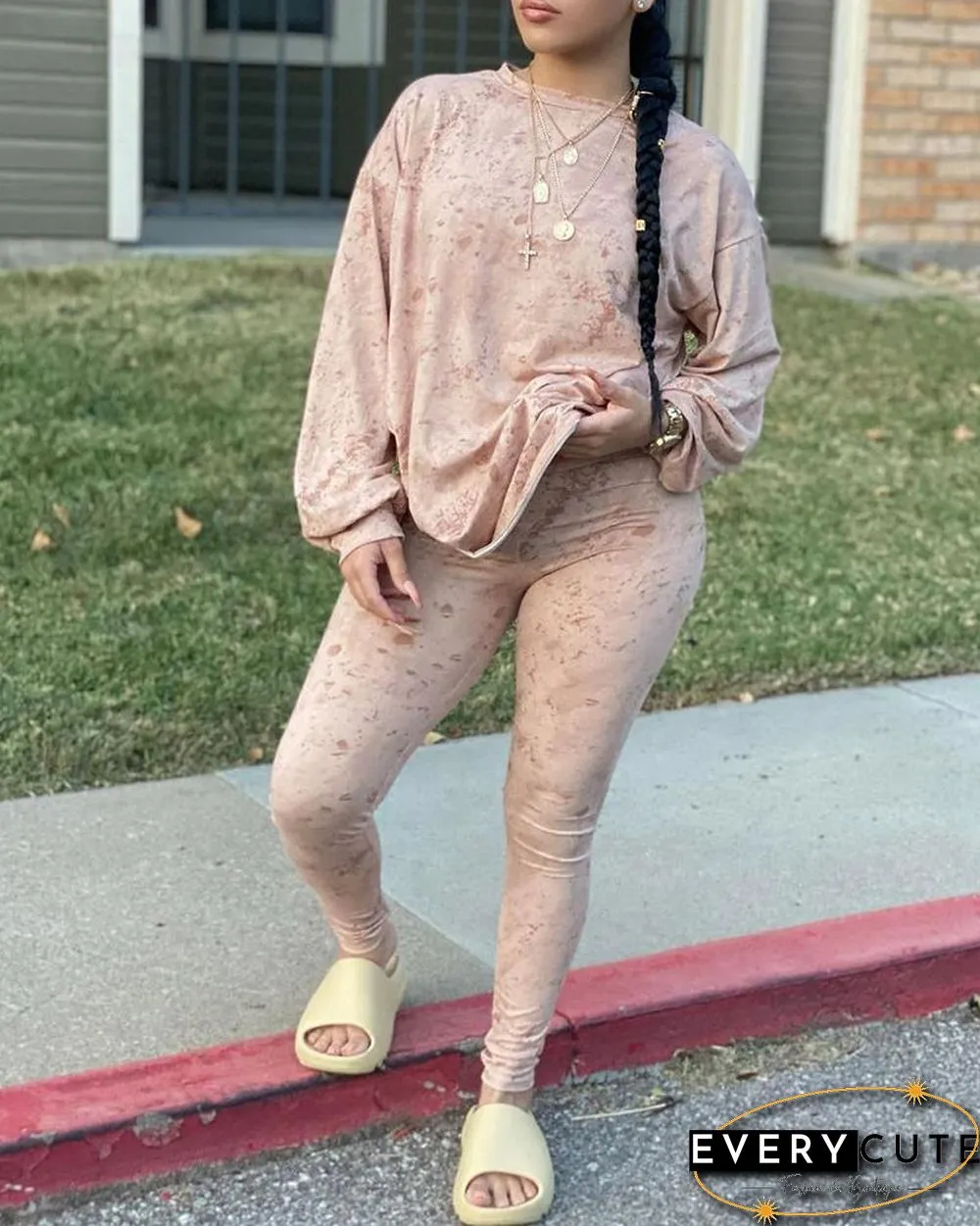 Long Sleeve Colorblock Top & High Waist Pants Sets