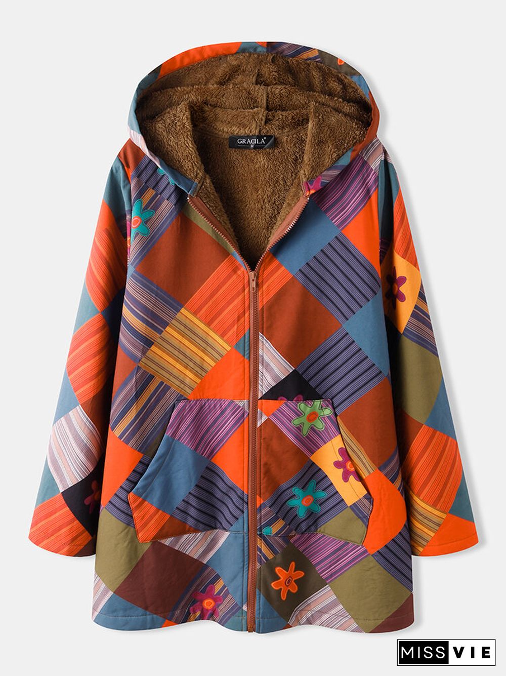 Vintage Plaid Floral Print Zipper Pocket Long Sleeve Casual Coat for Women