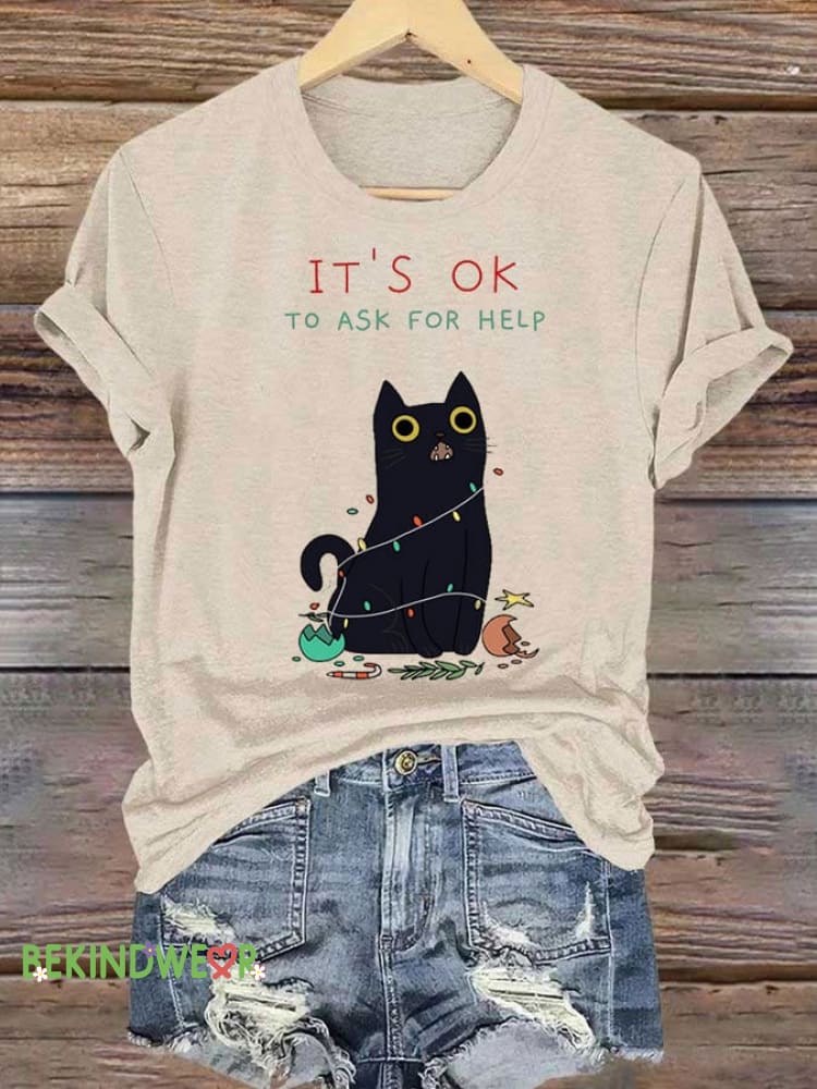 Womens Mental Health Awareness Black Cat It&rsquo;s OK to Ask for Help Printed Casual T-Shirt Beige / S