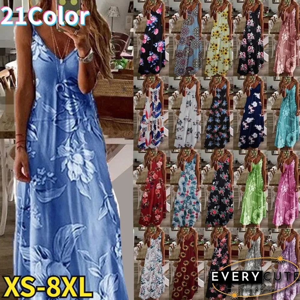 Women's Fashion Summer Sleeveless Floral Printing Sling Dress Deep V-Neck Slim Fit Big Swing Skirts Loose Casual Long Maxi Dresses Ladies Plus Size Party Dresses
