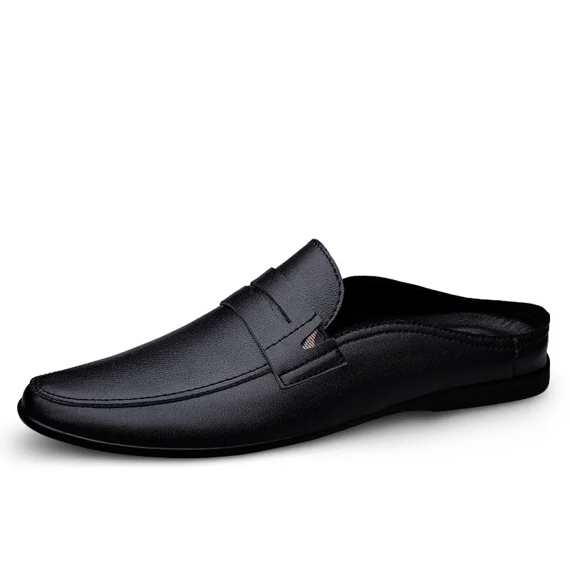 Summer New Men's Shoes Casual Half Shoes For Men Brand Loafers Leather Half Slipper Breathable Slip on Lazy Driving Shoes Men
