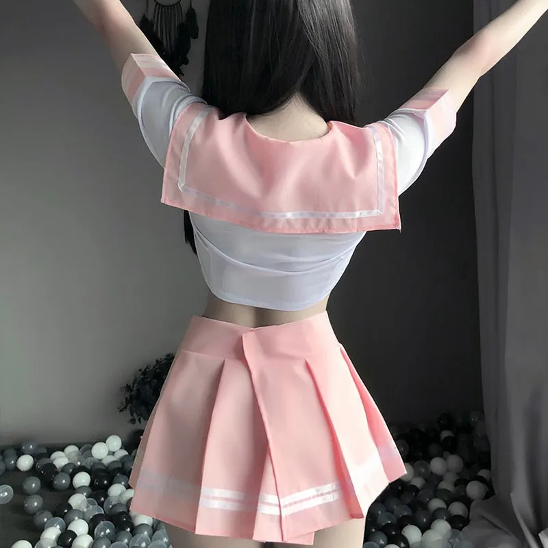 OJBK Sexy Pink School Girl Navy Sailor Costumes DDLG Miniskirt Velcro Outfit Women Cosplay Lingerie Student Uniform Fashion 0631