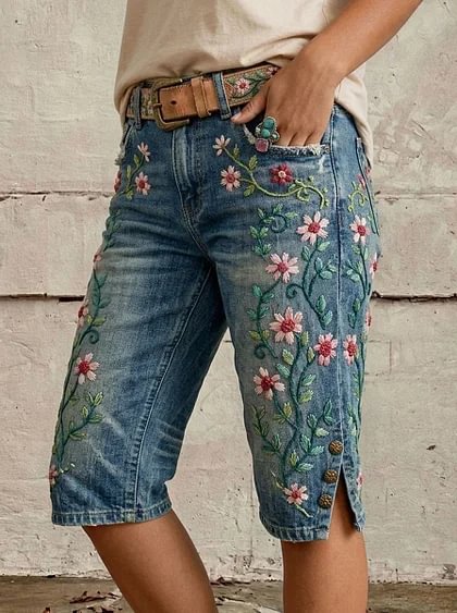Women's Purple Floral Print Mid-Length Split Hem Denim Bermuda Shorts