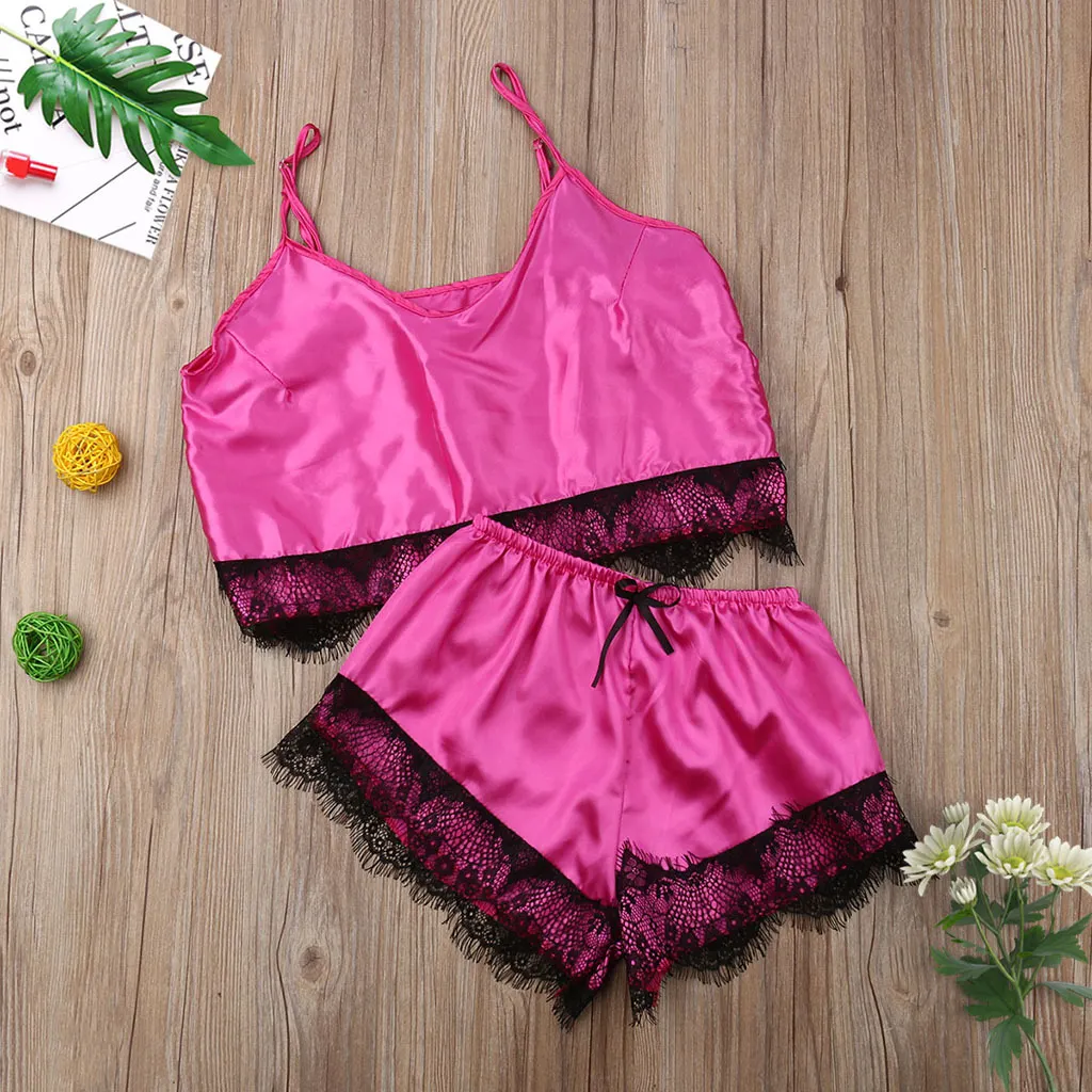 Churchf 2020 New Simulation Lace Trim Split Pajamas Set Sex Lace Set