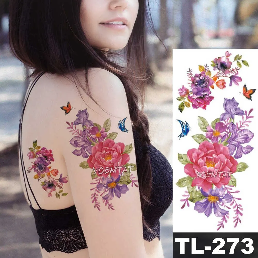 Sdrawing Watercolor Rose Lily Flower Waterproof Tattoo Stickers Women Body Chest Art Temporary Tatto Girl Waist 3D Flowers Tatoo