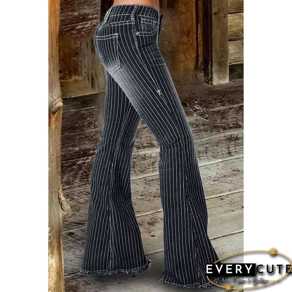 Pocketed Striped Bell Bottom Denim Pants