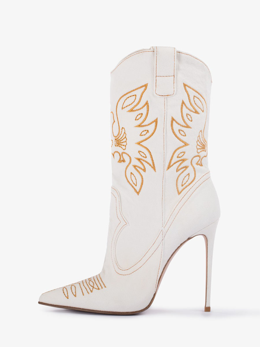 White Pointed Toe Eagle Embroidered Stiletto Heeled Mid-Calf Boots