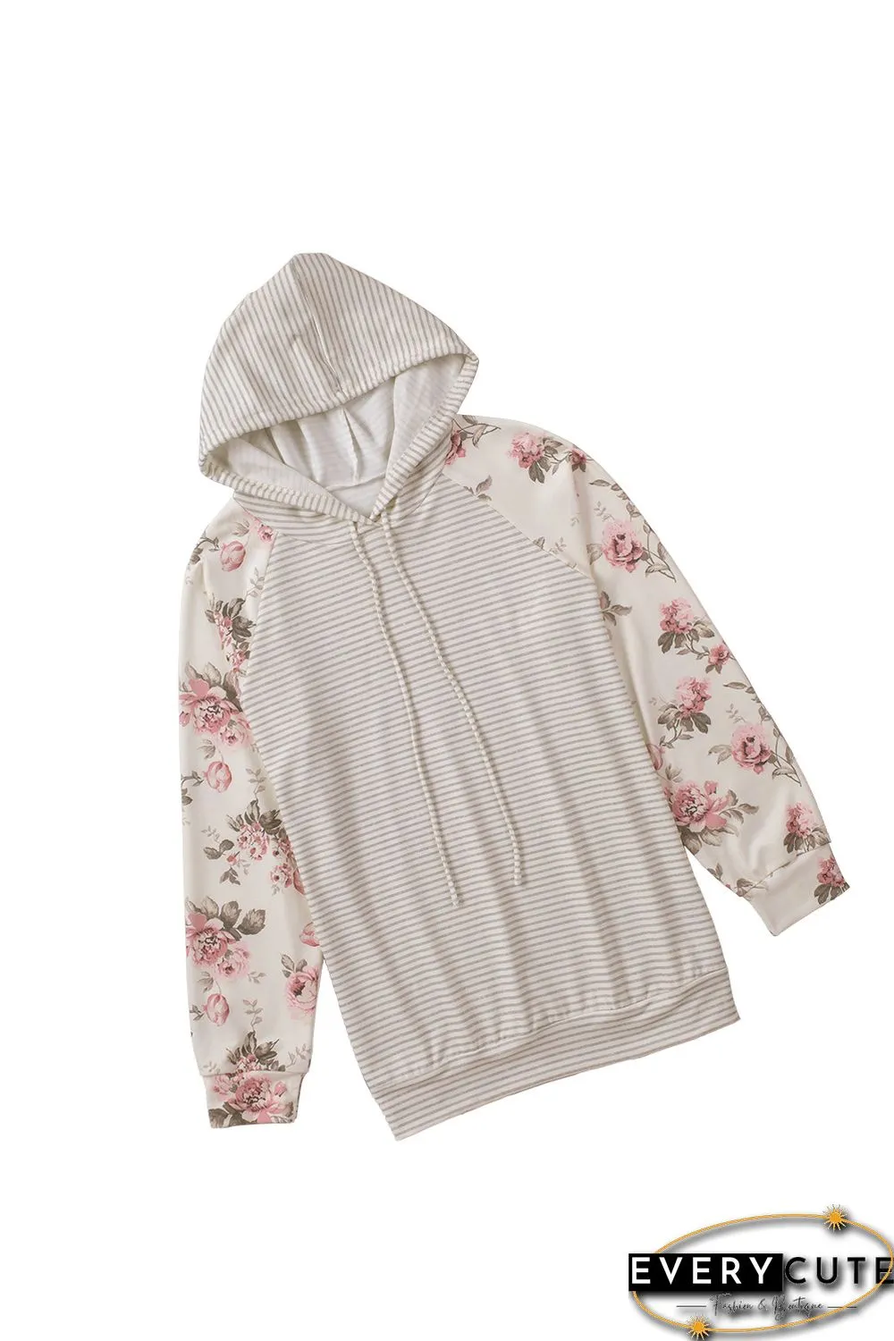 Plus Size Floral Raglan Sleeve Striped Hoodie