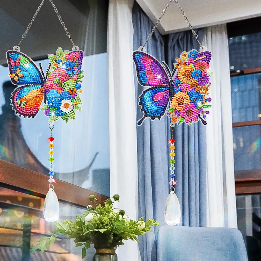 2Pcs Butterfly DIY Double-Sided Diamond Painting Hanging Kits Diamond Painting Suncatcher Craft Kit for Home Garden Wall Decor Gift