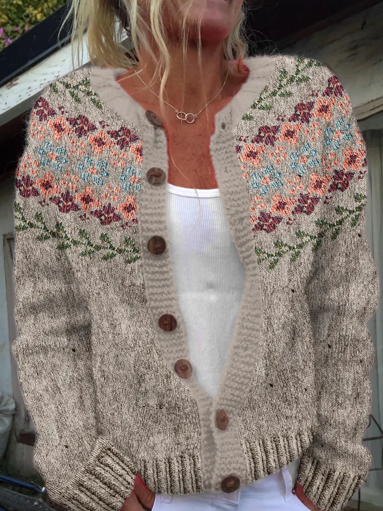 Vintage Icelandic Floral Art Print Cozy Button Sweater