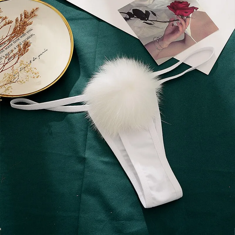 Billionm Womens Sexy Thong Pantie Cute Rabbit Tail G-String Fur Ball Bikini T-Back Cosplay Underwear exotic panties