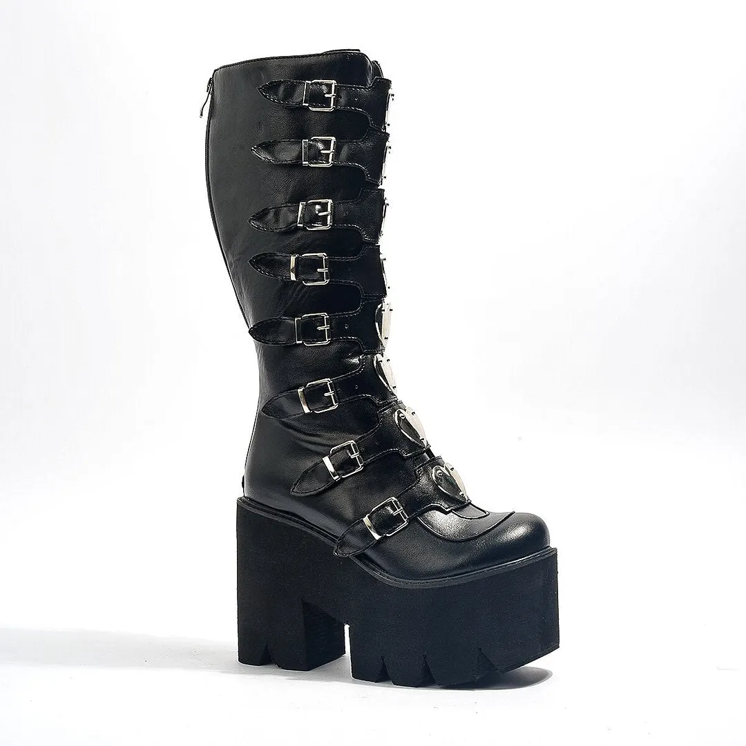 Leather Women Mid-Calf Boots Gothic Style Cool Punk Motorcycles Females Boot Platform Wedges High Heels Calf Boots Women's Shoes