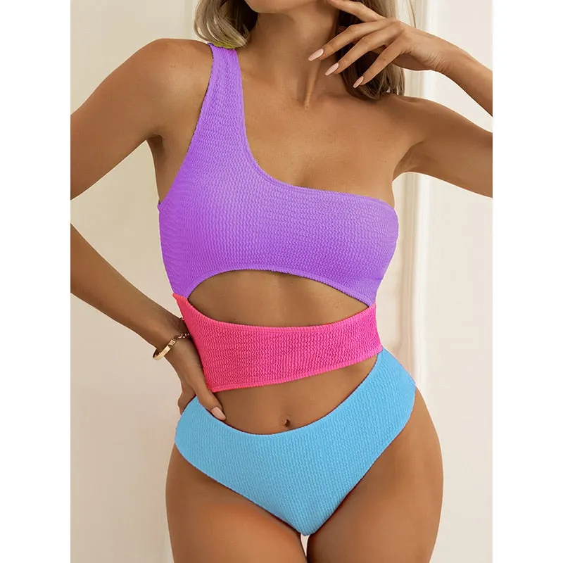 INGAGA One Shoulder Swimsuits One Piece Textured Swimwear Women 2022 Sexy Cut Out Monokini Solid Bodysuits High Cut Beachwear