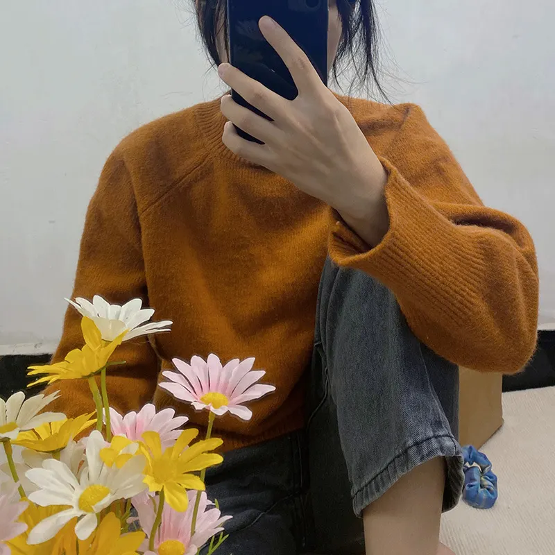 Churchf Churchf Collar Soft Waxy Sweater Female Autumn Winter Soft Waxy Lazy Wind Outside Wear Set Head Sweater Inside Build Design Sense Niche Top