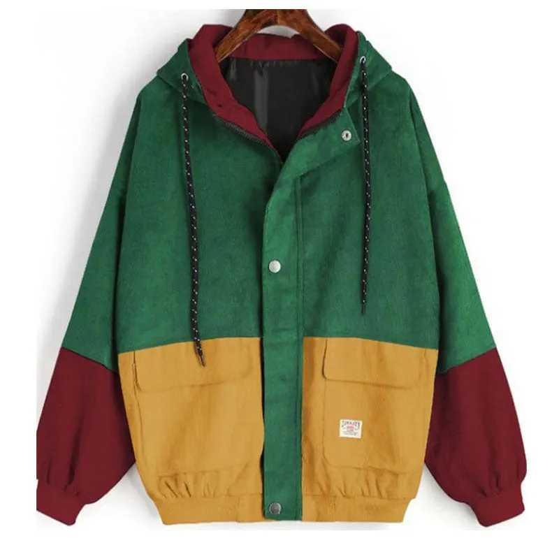 Brownm Loose Color Hooded Corduroy Overalls Coats