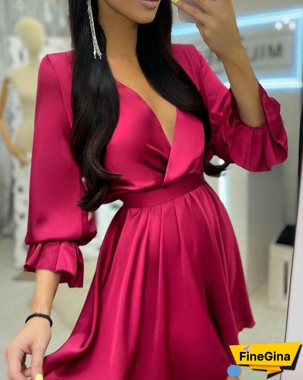 Solid Surplice Neck Tied Open Back Belted Mini Dress