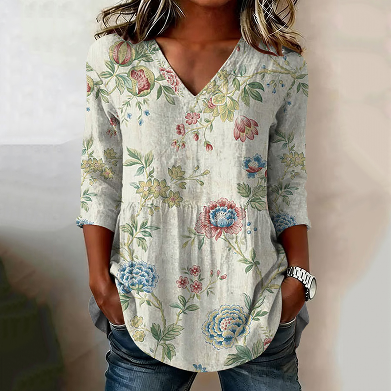 Comstylish Women's Casual Retro Floral Artistic Art Print Cotton Tops