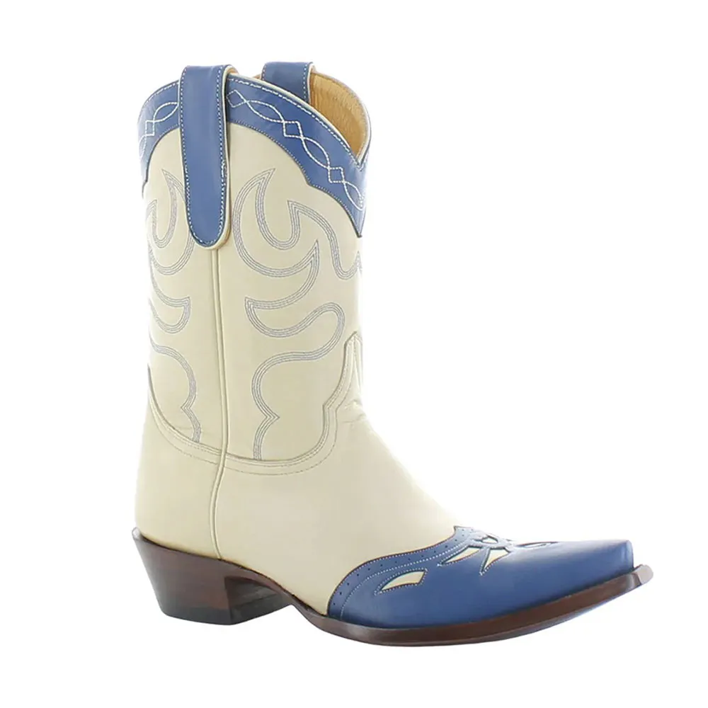Blue & Ivory Embroidered Low Heel Mid Calf Cowgirl Boots for Women