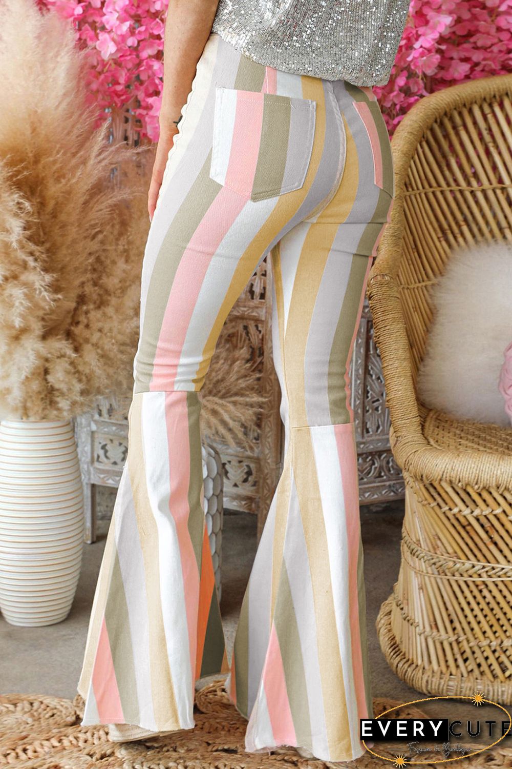 Multicolor Color Block Striped High Waist Flare Pants