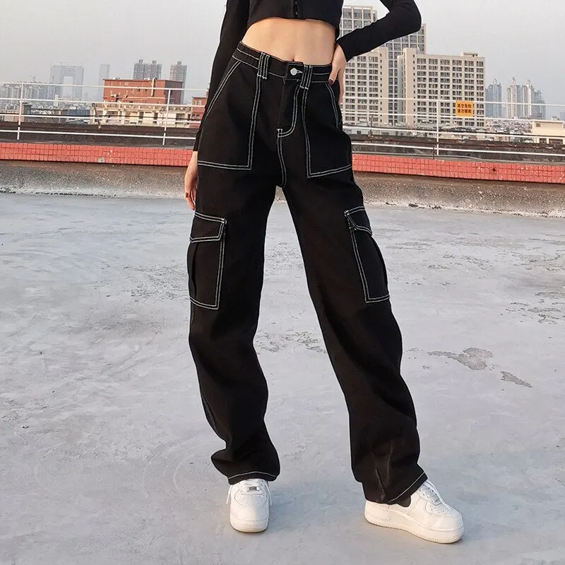 HEYounGIRL White Thread Black Cotton Jeans Women Casual Loose Straight Long Trousers Ladies Harajuku Punk Fashion Pants Capris