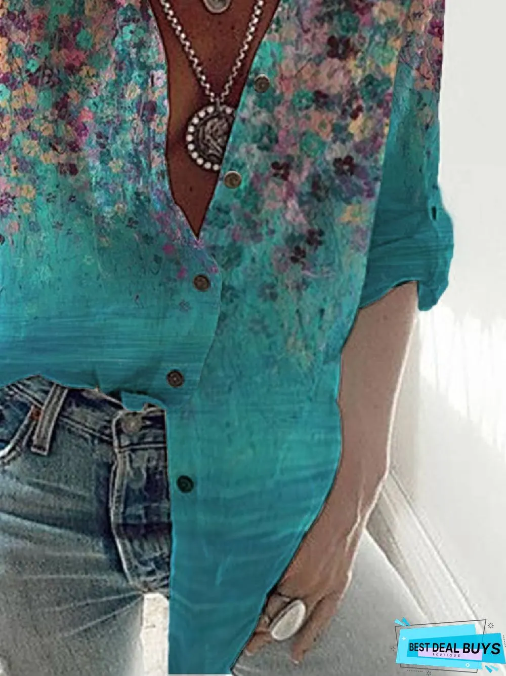 Women's Casual Daily Casual Loose Floral Stand Collar Long Sleeve Tunic Blouse