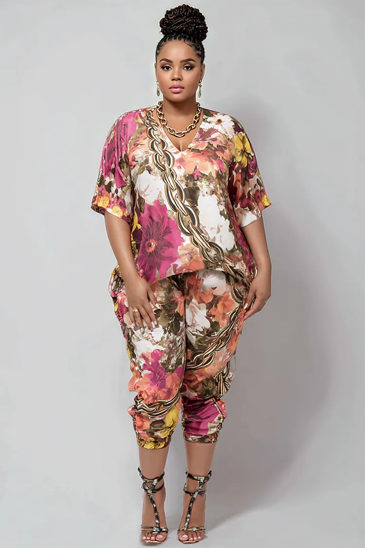 Xpluswear Design Plus Size Daily Multicolor Floral Round Neck Short Sleeve Pocket Jogging Two Piece Pant Sets [Pre-Order] 2024 - Xpluswear