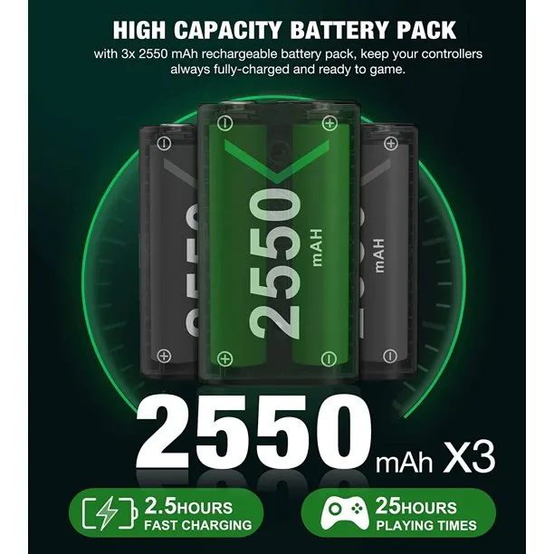 DinoFire Xbox Charger Station for Xbox Rechargeable Battery Pack with 3x2550 mAh Controller Battery Pack