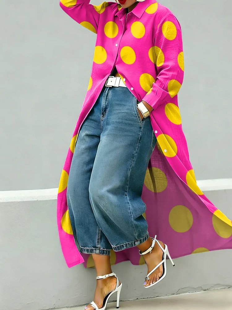 Women's Abstract Art Prints Long-sleeve Lapel Long Shirt Dress