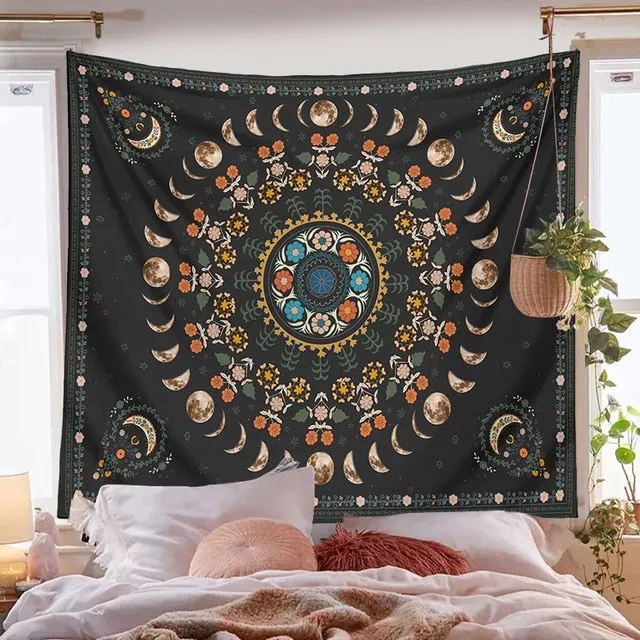 Psychedelic Moon Phase Tapestry Bohemia Flowers Plants Pattern Blanket Tapestry Bedroom Bedspread Decoration Sky Carpet
