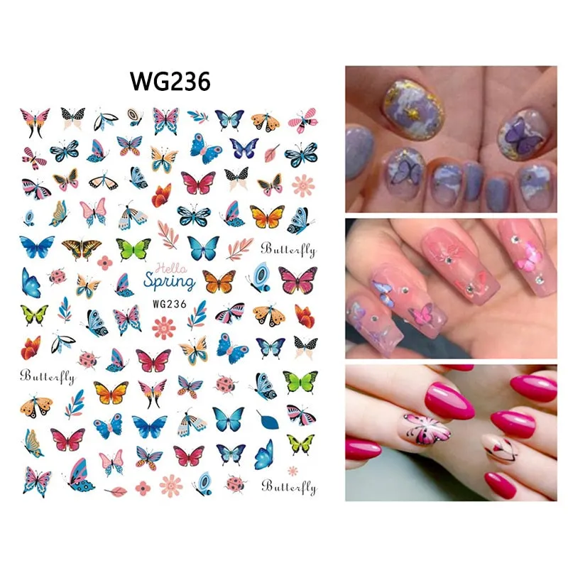 1pc Holographic Blue Nail Stickers Pink Colorful Butterfly Art Sticker With Adhesive DIY Extension Flowers Rose Nail Decoration-Nail Inspo