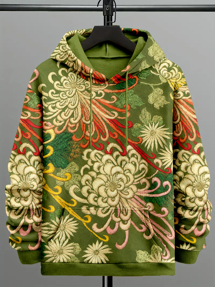 Men's Japanese Chrysanthemum Embroidered Cozy Hoodie  artssus