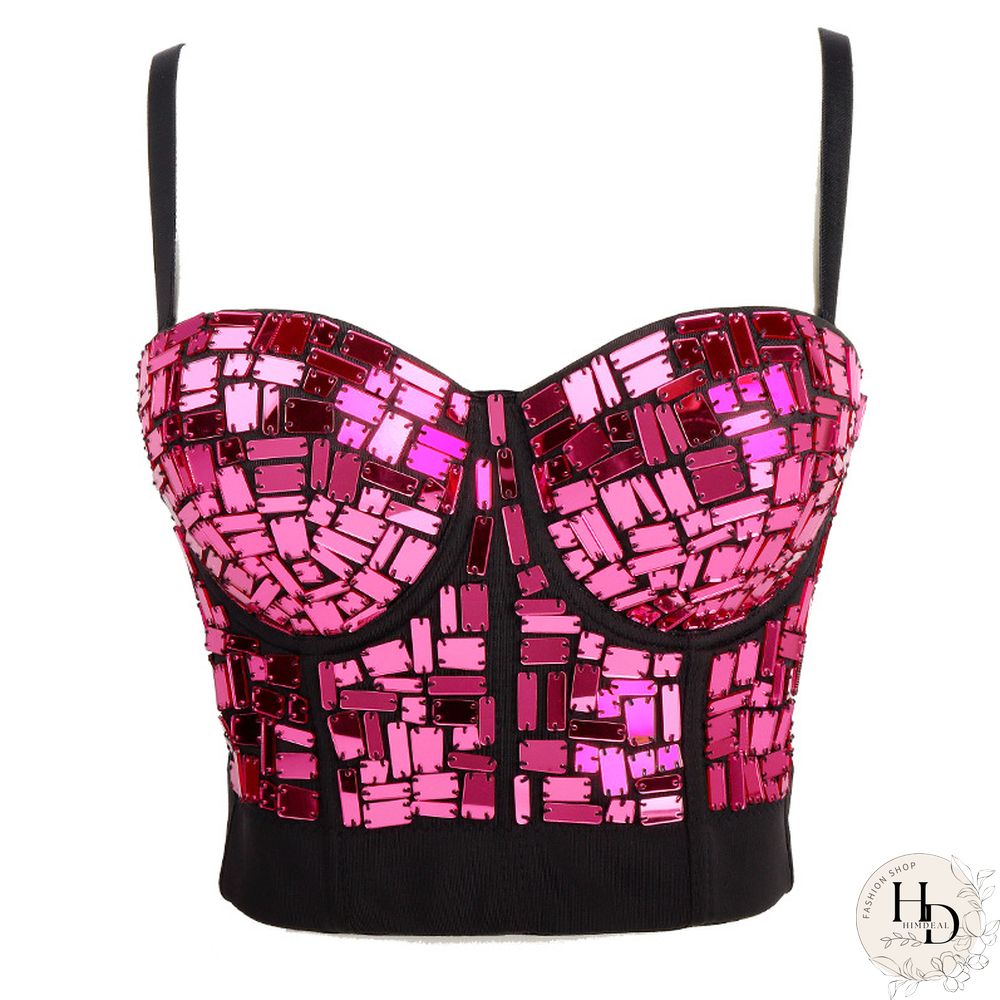 Women Holographic Rainbow Sequins Bustier Bra Spaghetti Strap Corset Camisole Reflective Bralette Crop Top Women Corset Clubwear