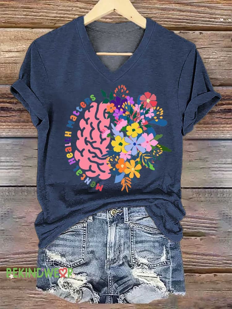 Women&rsquo;s Brain Floral Mental Health Matters V-neck Casual T-Shirt Blue / S