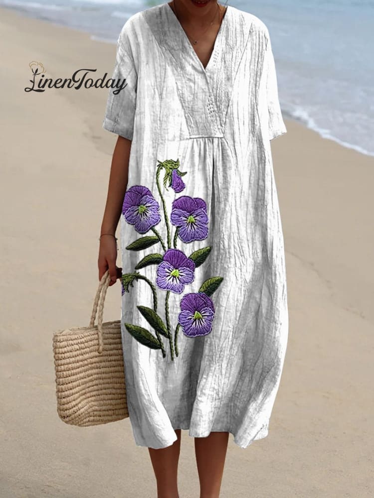 Embroidery Style Purple Pansy Floral Printed Women&rsquo;s Flowy Dress White / S
