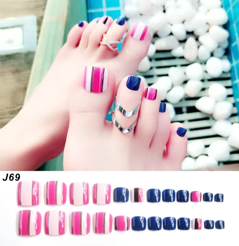 24Pcs Pretty Summer Beach Toes False Nails Rhinestone Pre-design Full Cover Red Foot Artificial Fake Nails with Glue Nail Beauty-Nail Inspo