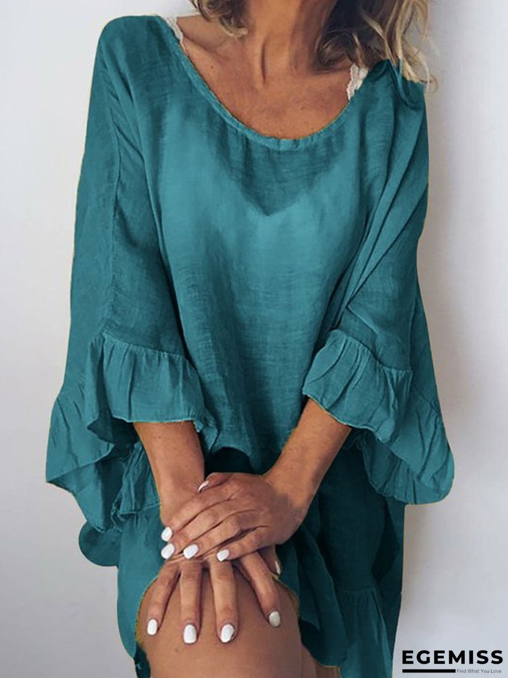 Cotton Solid Color Dress Stitching Lotus Leaf Sleeve Loose Beach Blouse | EGEMISS