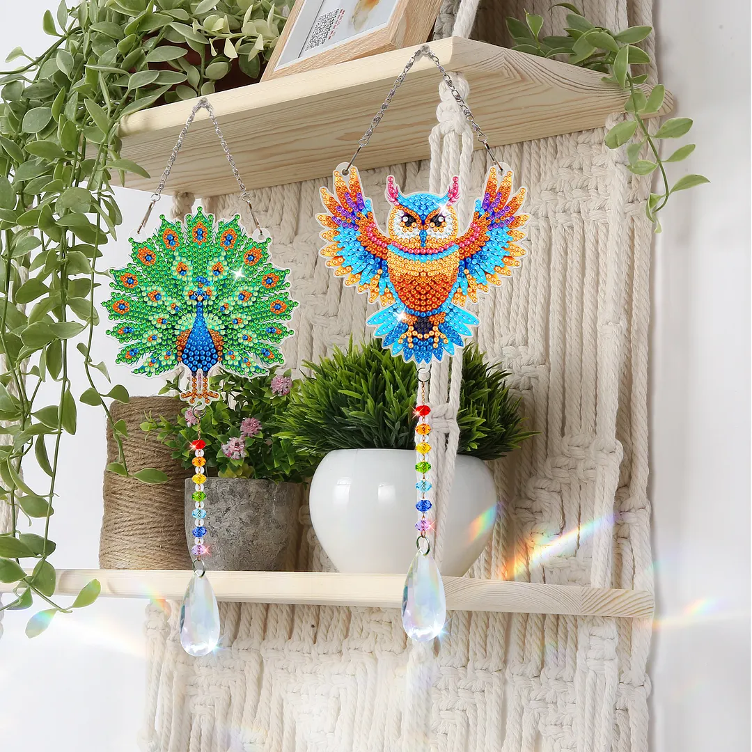2Pcs Owl Peacock DIY Double-Sided Diamond Painting Hanging Kits Diamond Painting Suncatcher Craft Kit for Home Garden Wall Decor Gift