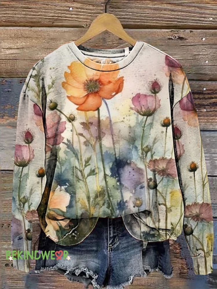 Vintage Floral Print Casual Crew Neck Sweatshirt Multicolor / S