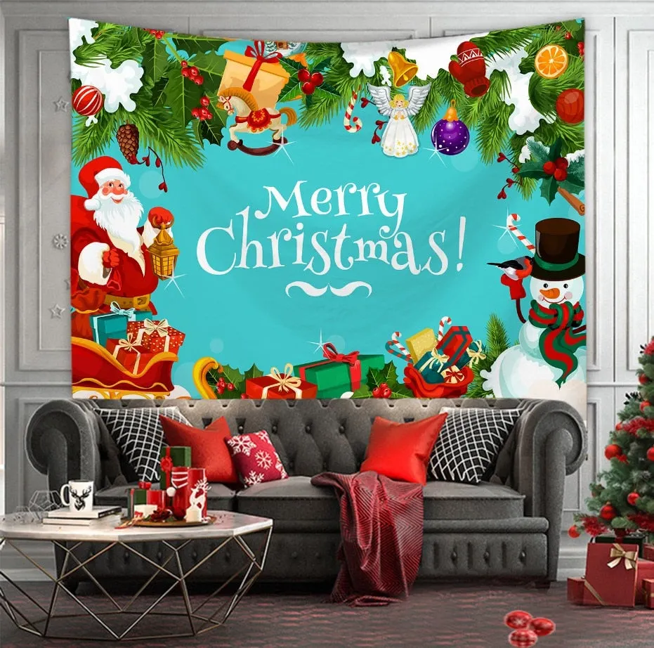 Christmas Tree Print Tapestry Wall Hanging Background Cloth Decor Red Santa Claus Polyester Tapestry Home Room Wall Decoration