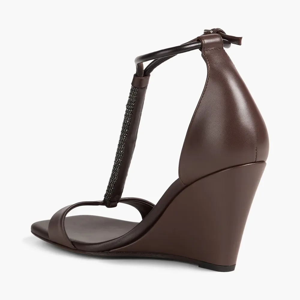 YDN Brown Open Square Toe Beaded T-Strap Trendy Wedge Sandals